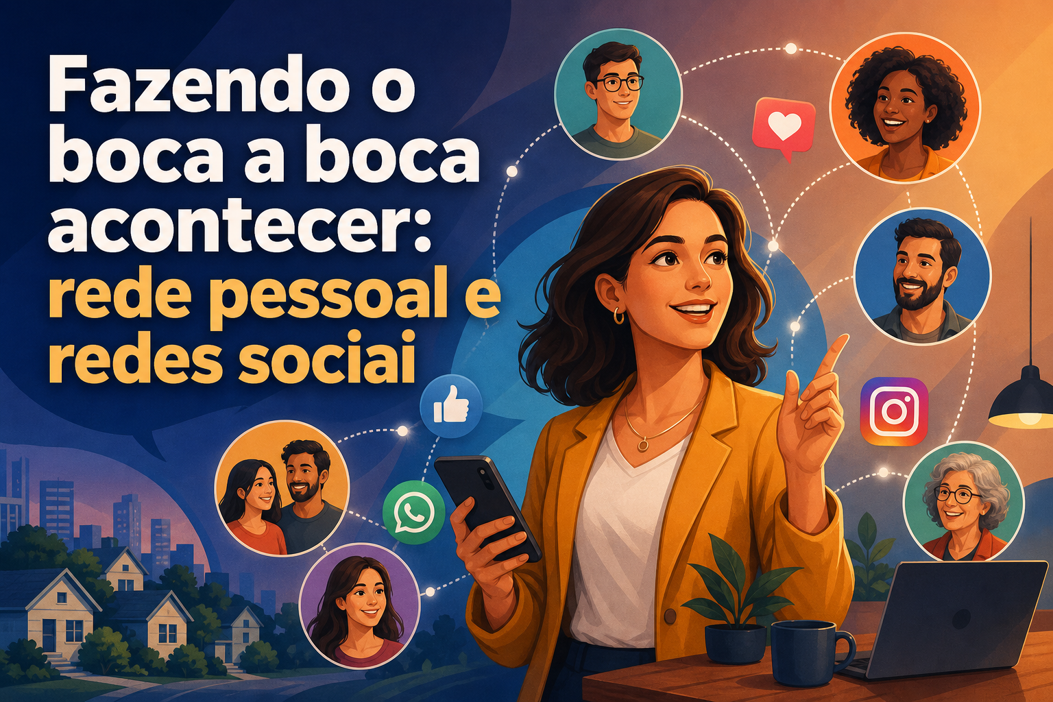 Uma mulher com cabelo ondulado, vestindo um blazer amarelo, segura um celular e sorri, apontando para o lado. Ao redor dela, ícones de redes sociais e rostos de pessoas conectadas por linhas, com um ambiente de escritório ao fundo.