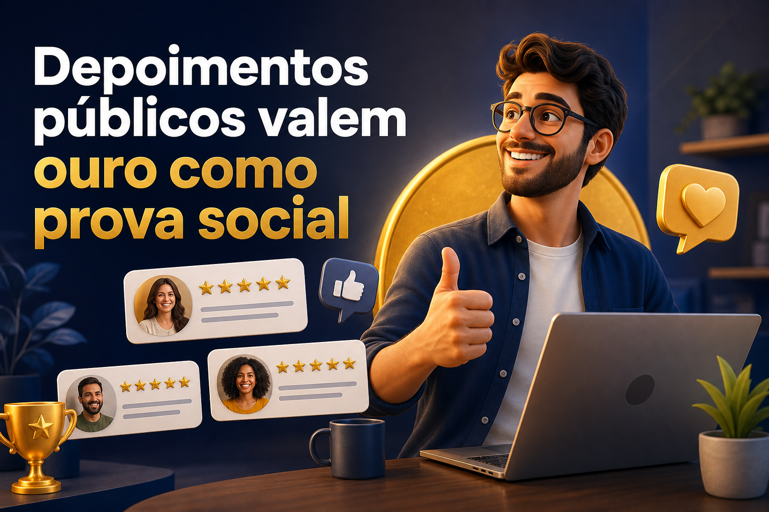 Um homem com óculos e cabelo cacheado sorri e faz sinal de positivo, sentado em frente a um laptop. Ao fundo, há ícones de depoimentos e uma taça, com o texto "Depoimentos públicos valem ouro como prova social" em destaque.