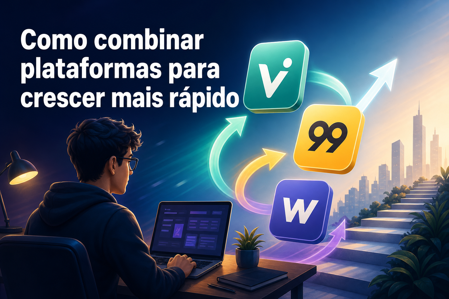 Um jovem com óculos está sentado em frente a um laptop, olhando para a tela. Ao seu redor, ícones coloridos de plataformas digitais estão conectados por setas, simbolizando crescimento e interconexão.