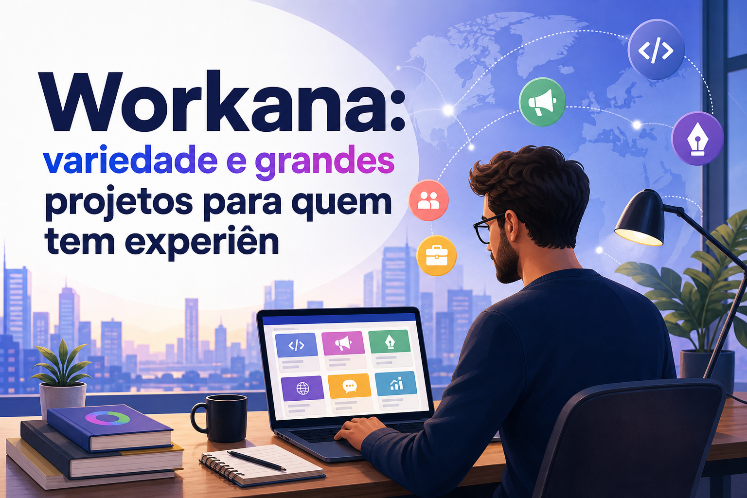 Um homem com cabelo cacheado e óculos está sentado em frente a um laptop, observando uma tela com ícones coloridos representando diferentes projetos. Ao fundo, há uma vista da cidade e uma planta em uma mesa ao lado de canecas e cadernos.