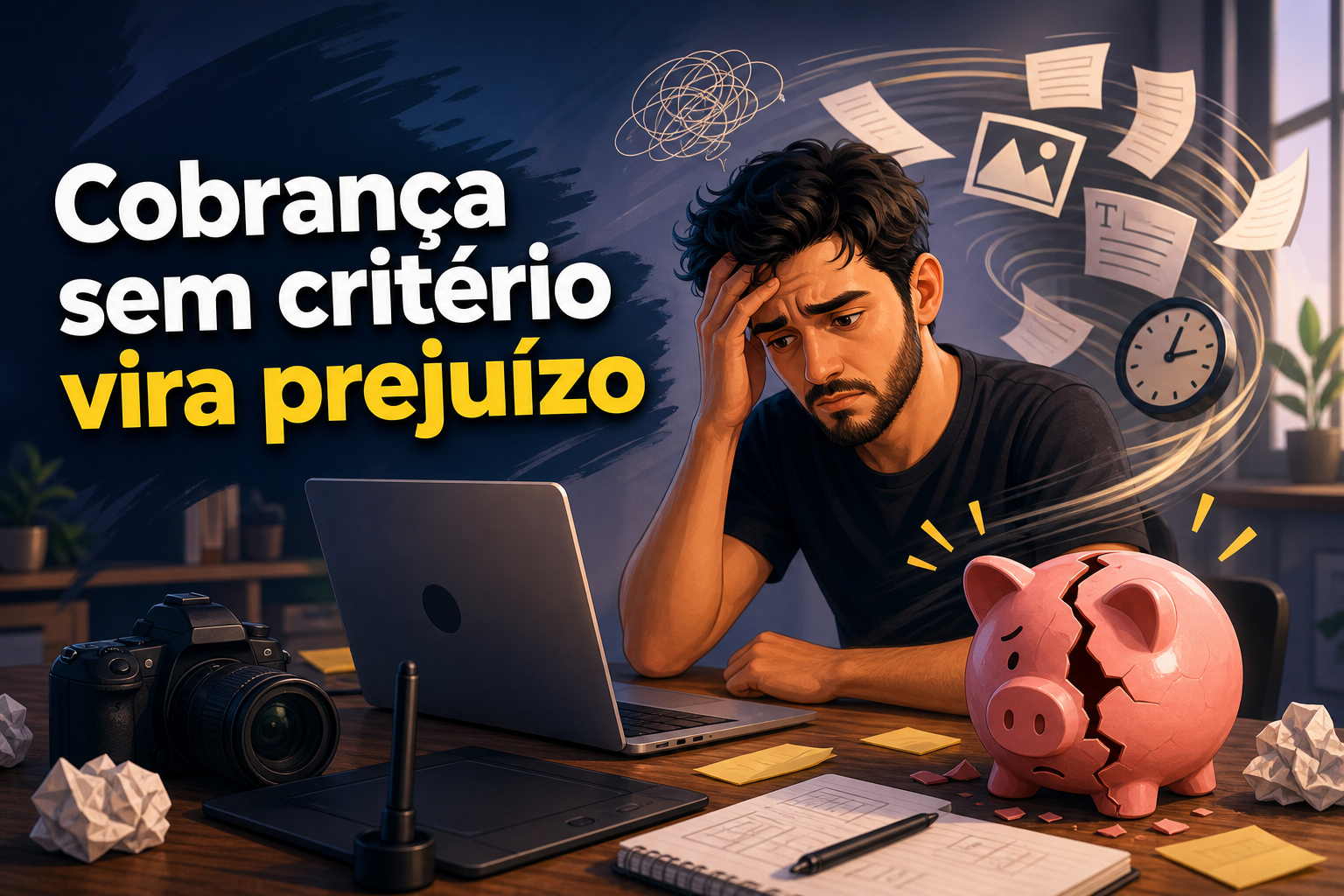 Um homem com expressão preocupada está sentado em uma mesa, com um laptop à sua frente. Ao lado, há uma porquinho de cerâmica quebrada, papéis espalhados e uma câmera, simbolizando estresse e problemas financeiros.