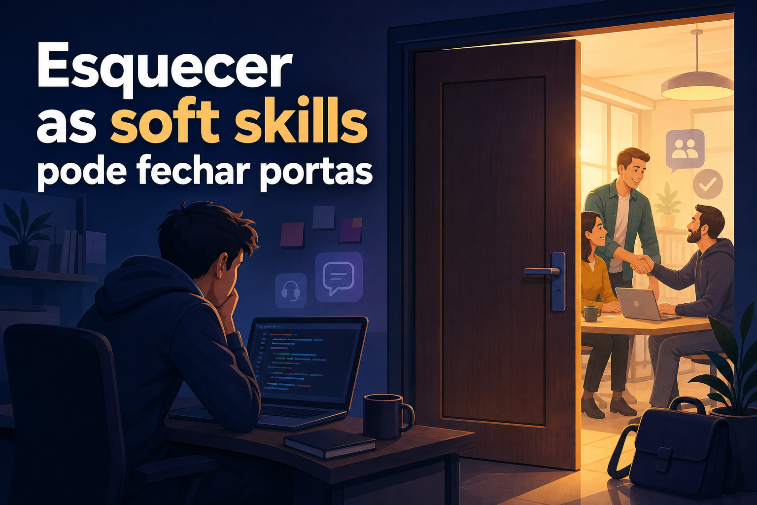 Um jovem está sentado em uma mesa, olhando para um laptop com código. Ao fundo, três pessoas estão em uma reunião, sorrindo e se cumprimentando, enquanto a porta do ambiente está entreaberta.