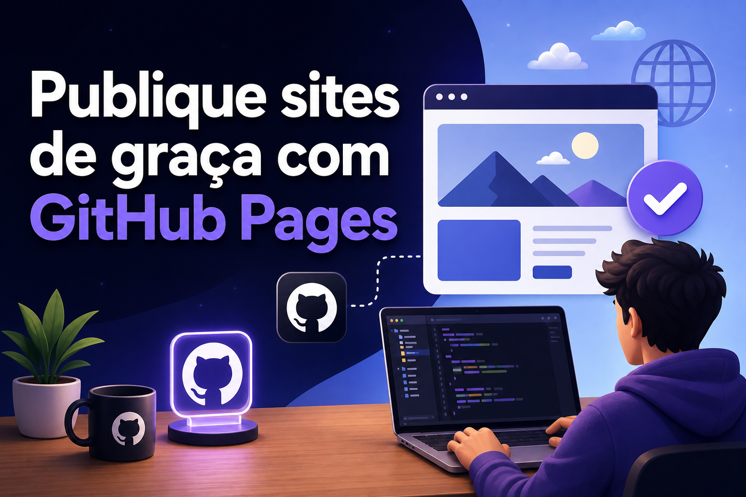 Um jovem de costas, usando um laptop, está programando. Ao fundo, há uma tela com um site em desenvolvimento e o texto "Publique sites de graça com GitHub Pages" em destaque.