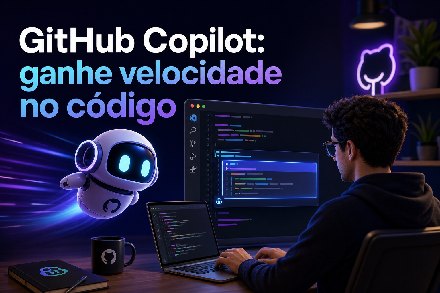 Um programador sentado em uma mesa, olhando para um laptop e uma tela com código. Um robô estilizado flutua ao lado, enquanto o texto "GitHub Copilot: ganhe velocidade no código" aparece em destaque.