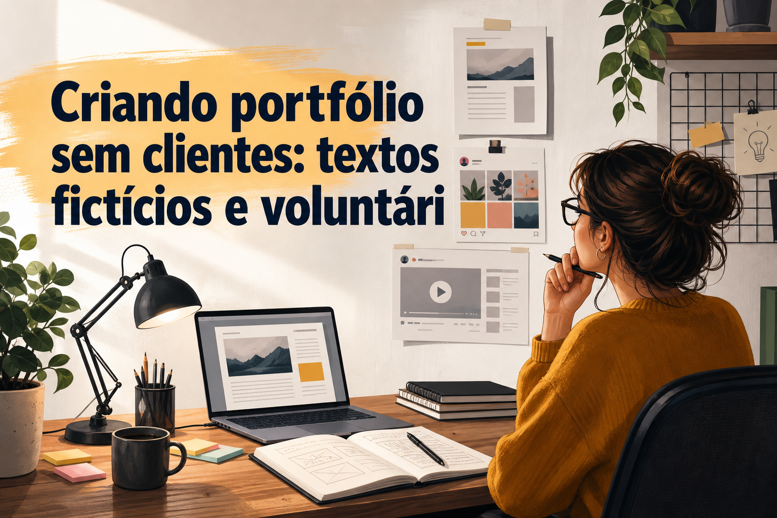 Uma mulher com cabelo preso e óculos está sentada em uma mesa de trabalho, olhando para papéis e um laptop. O ambiente é decorado com plantas e anotações, e há uma lâmpada de mesa acesa.
