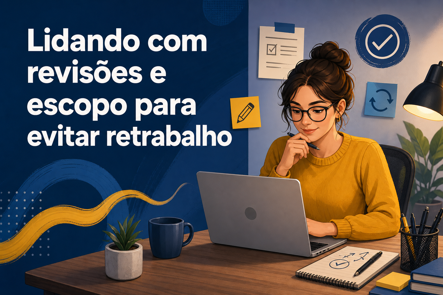 Uma mulher com cabelo preso e óculos usa um laptop em uma mesa, cercada por canetas, um caderno e uma planta em vaso. Ao fundo, há post-its e ícones que representam organização e planejamento.