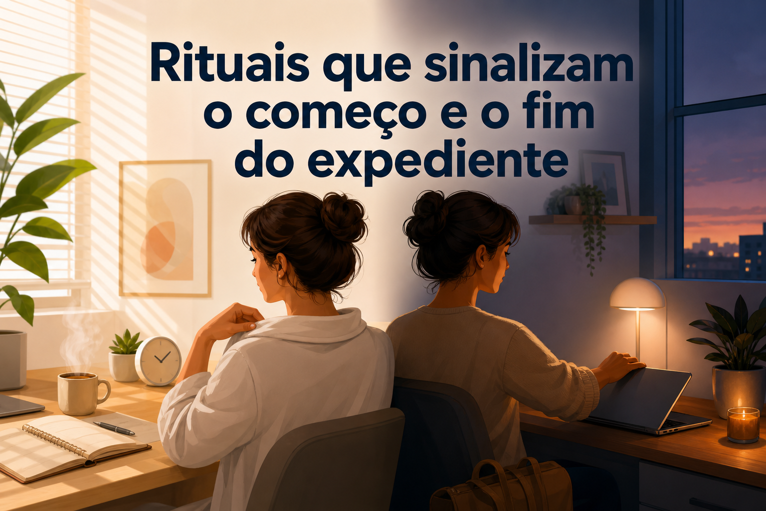 Duas mulheres estão sentadas em mesas diferentes, uma com uma xícara de café e um caderno, e a outra usando um laptop. Ao fundo, há uma janela com vista para o pôr do sol e elementos decorativos como plantas e uma lâmpada.