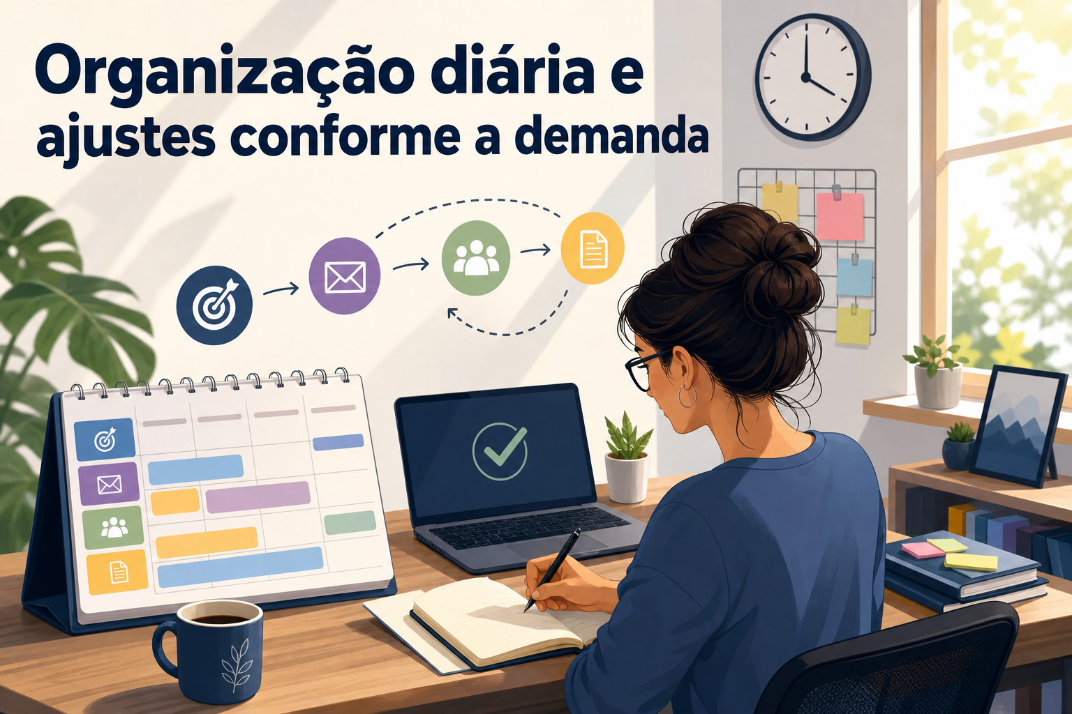 Uma mulher sentada em uma mesa escreve em um caderno, com um laptop aberto à sua frente mostrando um sinal de verificação.