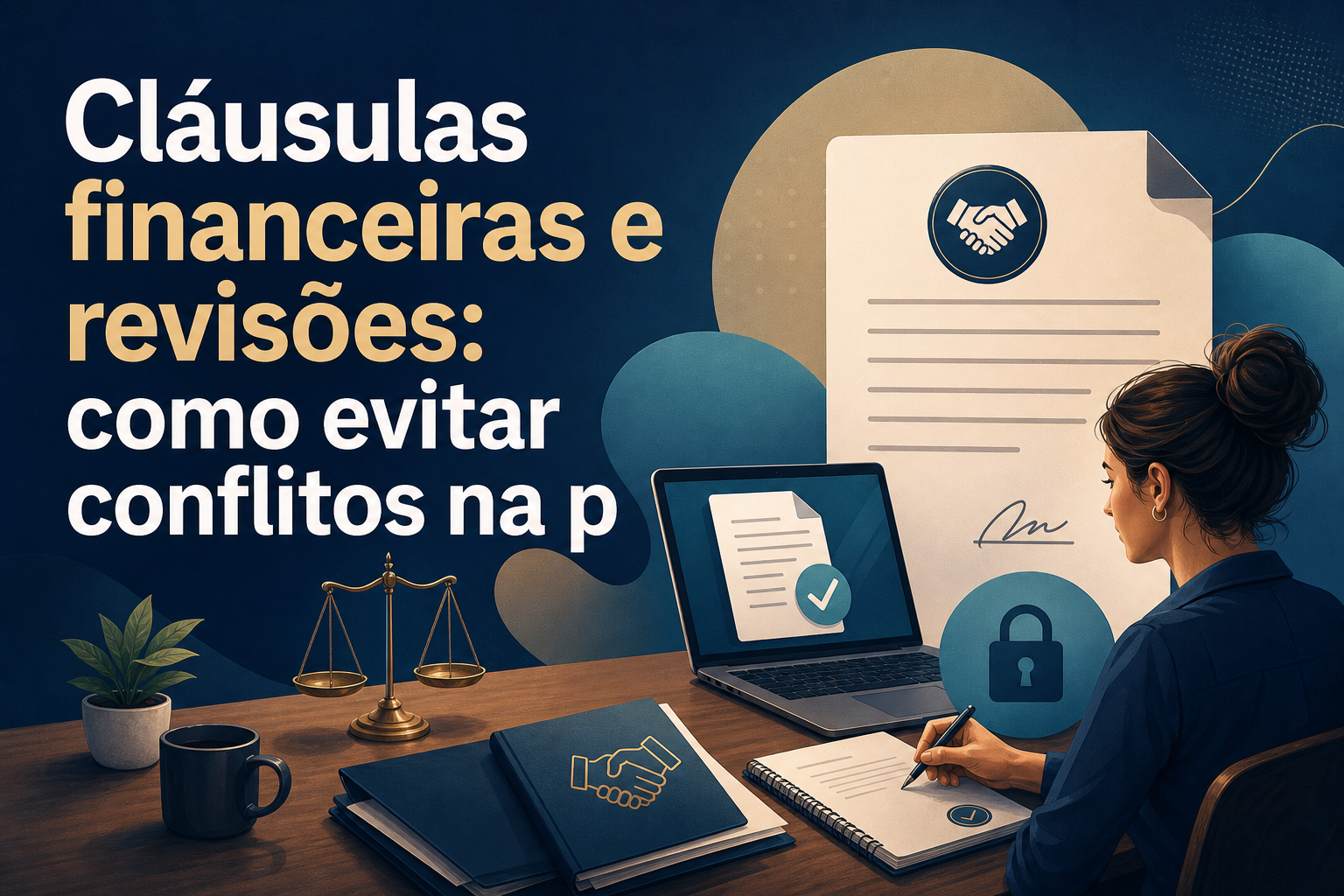 Uma mulher sentada à mesa escreve em um caderno, com um laptop aberto à sua frente. Ao lado, há uma balança de justiça, uma planta em vaso e documentos com ícones de verificação e um cadeado.