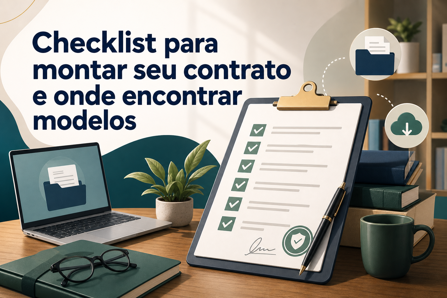 Uma mesa de madeira com um laptop, um bloco de notas verde, óculos e uma caneca. Em destaque, um checklist em um clipboard com marcas de verificação e texto sobre como montar um contrato e encontrar modelos gratuitos.