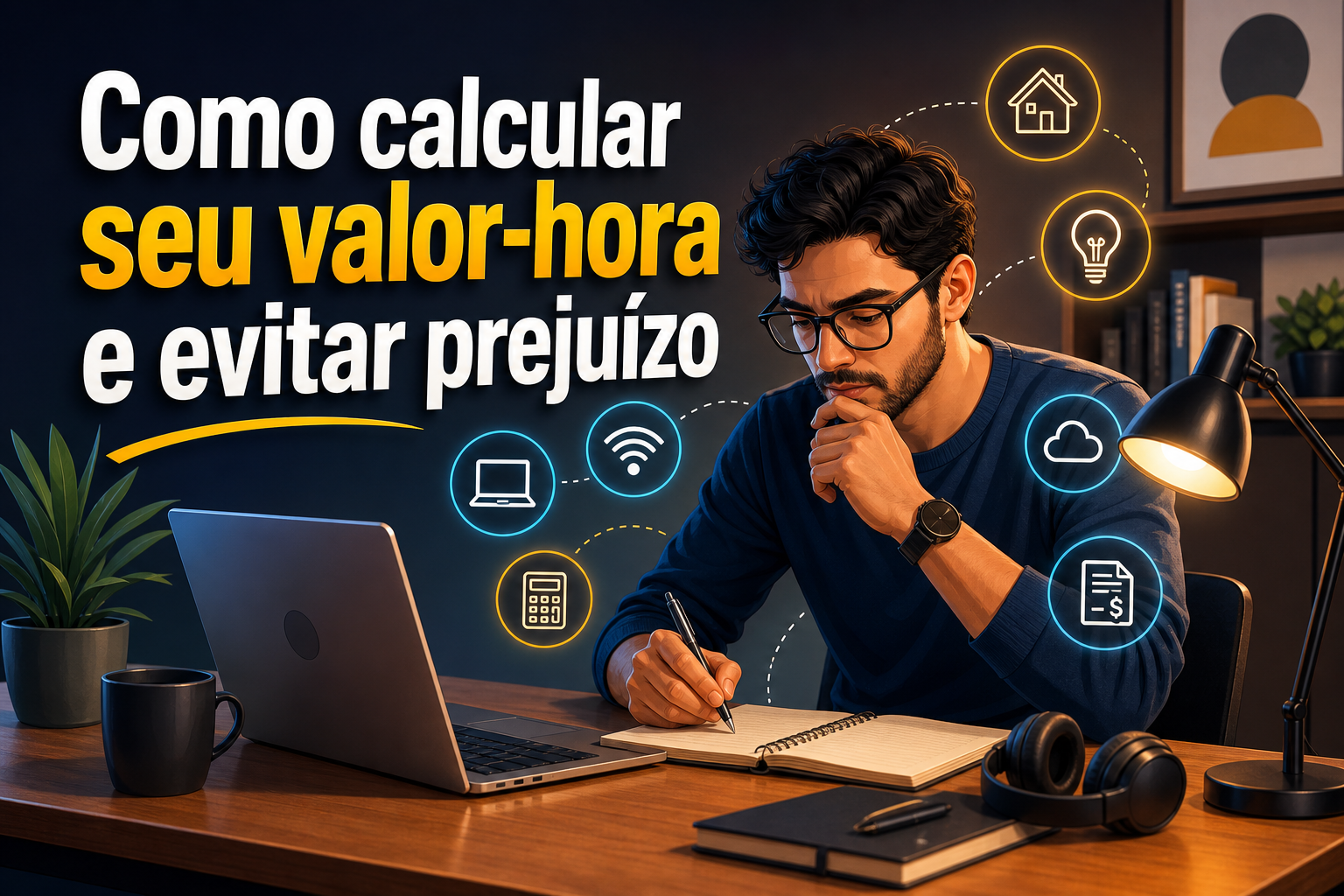 Um homem com óculos e cabelo encaracolado está sentado à mesa, escrevendo em um caderno, com um laptop aberto à sua frente. Ícones relacionados a finanças e tecnologia flutuam ao redor, enquanto uma lâmpada acesa ilumina o ambiente.