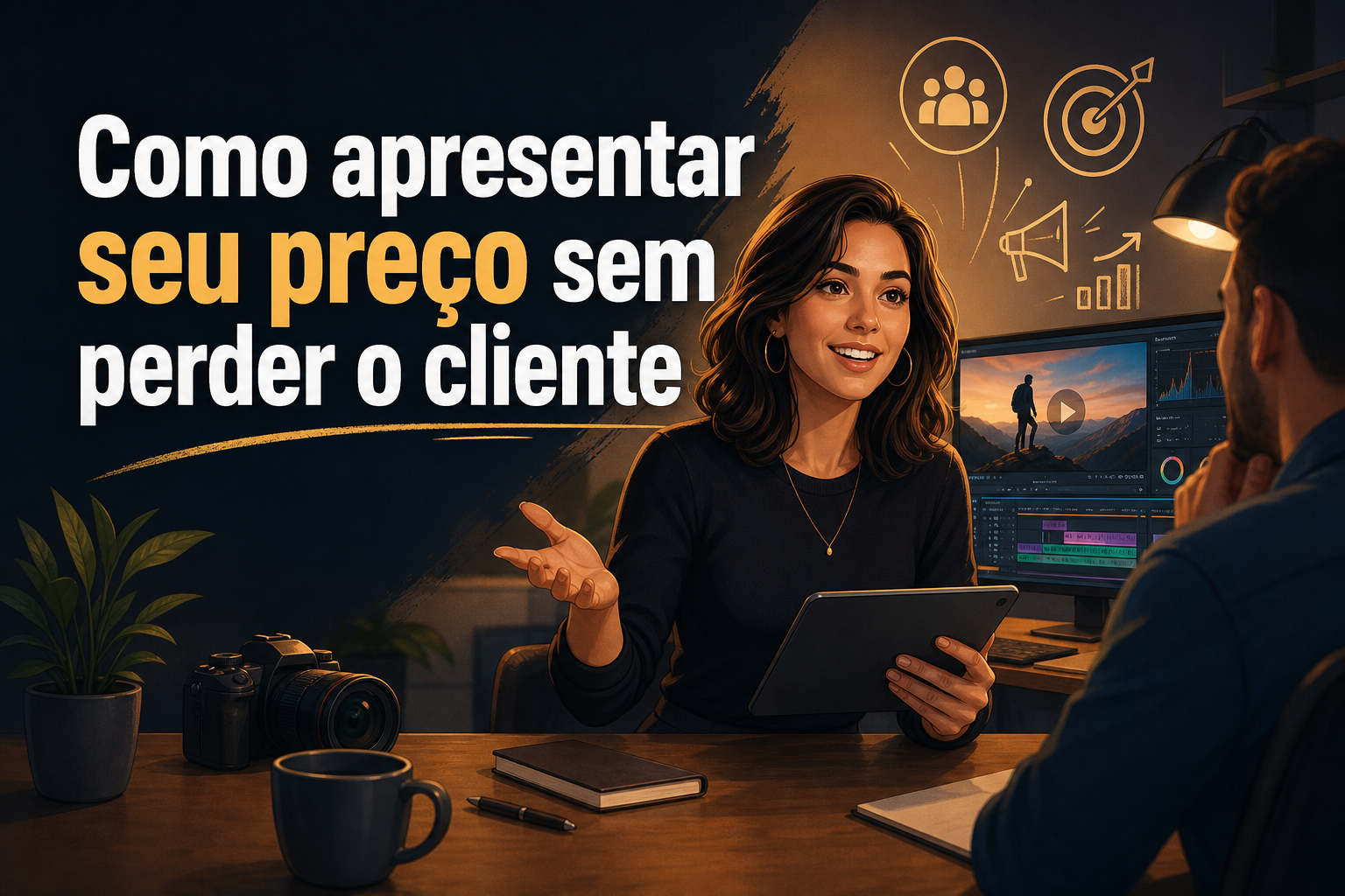Uma mulher sorridente, com cabelo solto, segura um tablet enquanto fala com um homem que a escuta. Ao fundo, há uma tela de computador com gráficos e ícones relacionados a negócios, além de uma planta e uma câmera sobre a mesa.