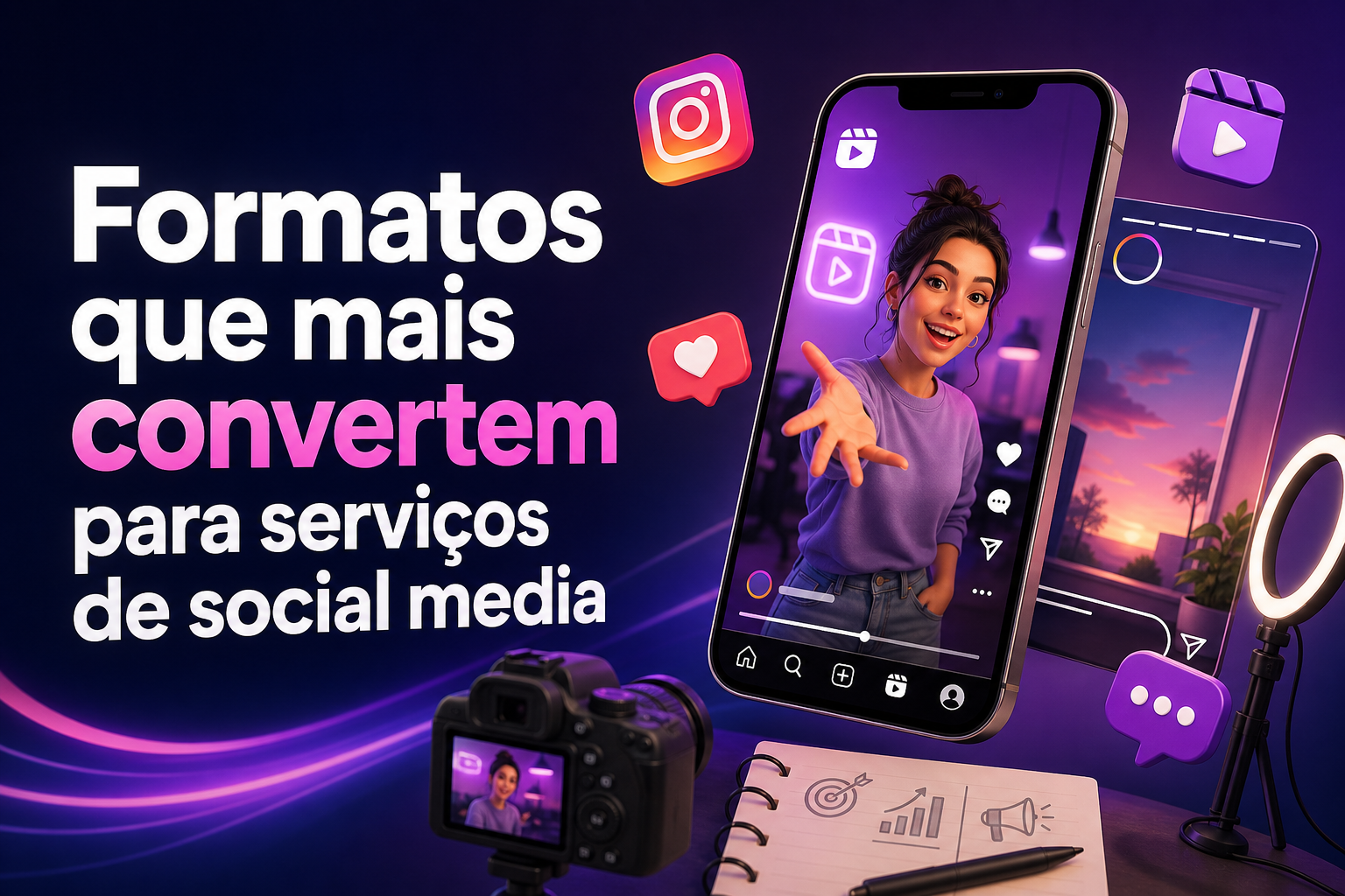 A imagem mostra uma jovem sorridente segurando um celular, com ícones de redes sociais ao redor. O texto em destaque diz "Formatos que mais convertem para serviços de social media".