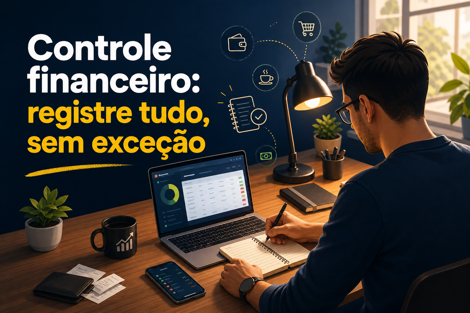 Um homem está sentado em uma mesa de trabalho, escrevendo em um caderno enquanto observa um laptop com gráficos financeiros. Ao lado, há uma planta, uma caneca e um celular, com ícones de finanças flutuando ao redor.