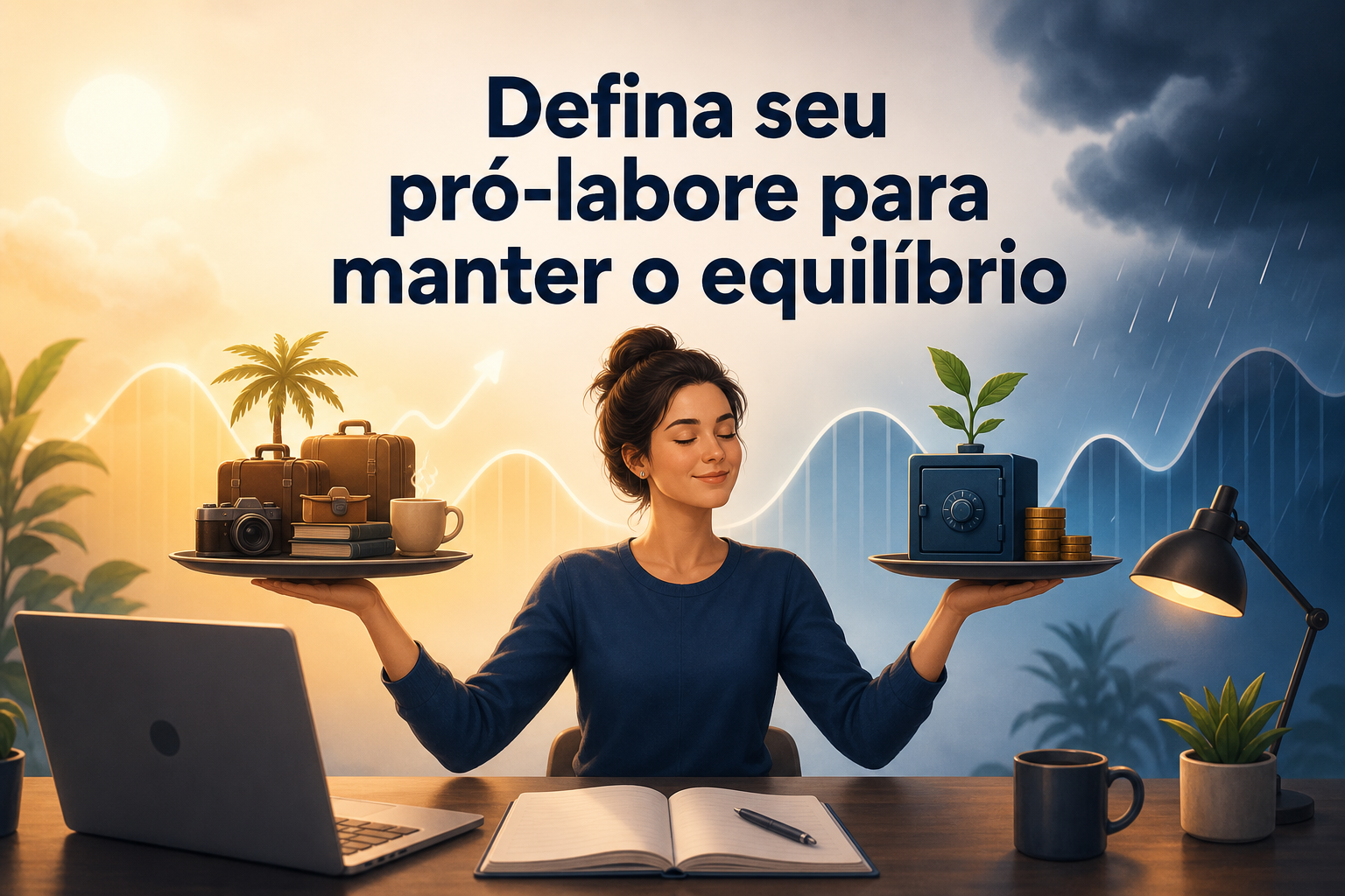 Uma mulher está equilibrando dois pratos, um com itens relacionados a trabalho, como câmeras e malas, e o outro com um cofre e uma planta. Ao fundo, há uma mesa com um laptop e uma caneca, e o céu apresenta uma transição entre sol e nuvens.