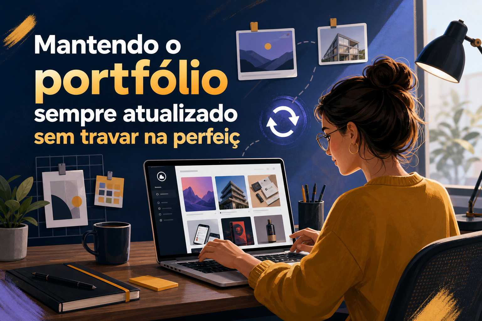 Uma mulher com cabelo preso e óculos está usando um laptop em uma mesa, cercada por objetos de escritório. Ao fundo, há imagens penduradas em uma parede e uma planta em um vaso.