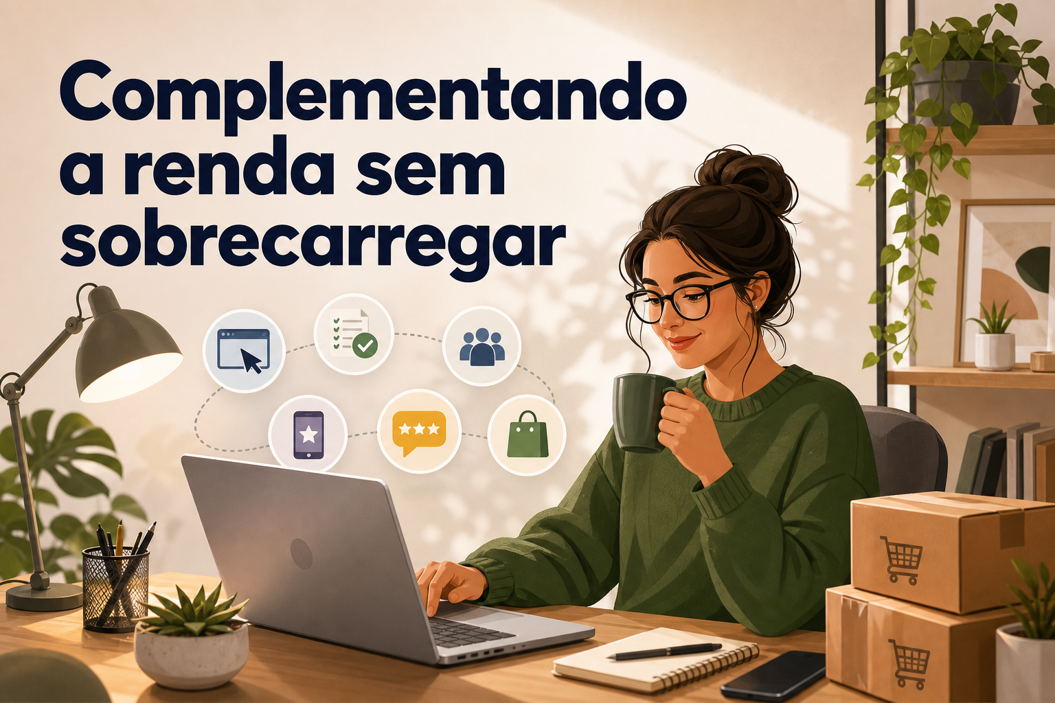 Uma mulher com óculos e cabelo preso, vestindo um suéter verde, segura uma caneca enquanto olha para um laptop em uma mesa. Ao fundo, há caixas de papelão e plantas em um ambiente de trabalho acolhedor.