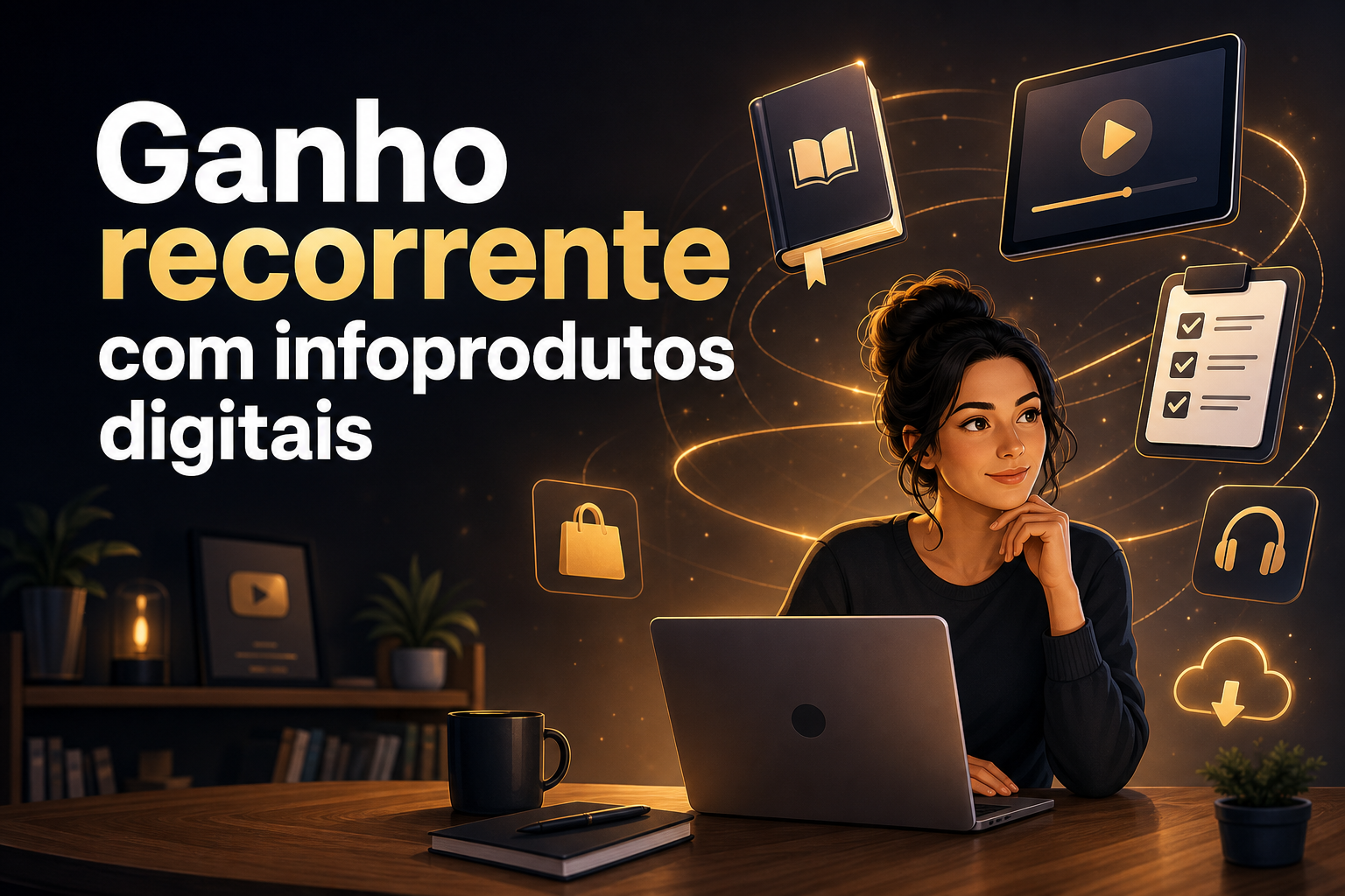 Uma mulher pensativa está sentada em frente a um laptop, com ícones de infoprodutos digitais flutuando ao seu redor. O fundo é escuro, e há uma planta e uma caneca sobre a mesa.