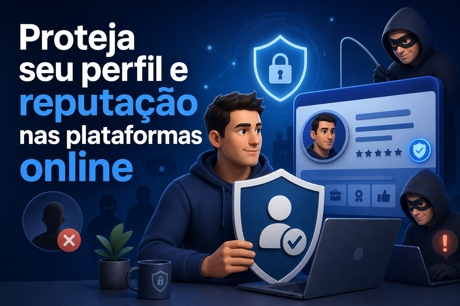 Um homem jovem, com cabelo escuro, está sentado em frente a um laptop, segurando um escudo azul com ícones de proteção. Ao fundo, há uma tela com um perfil de usuário e uma figura encapuzada, simbolizando ameaças online.