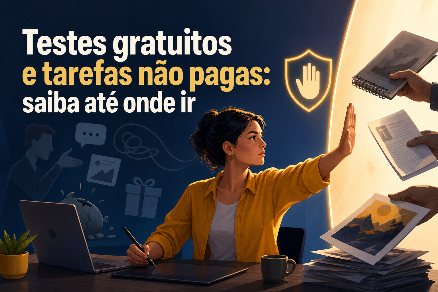Uma mulher com cabelo preso, vestindo uma camisa amarela, está sentada à mesa com um tablet e uma caneta, levantando a mão em um gesto de recusa.