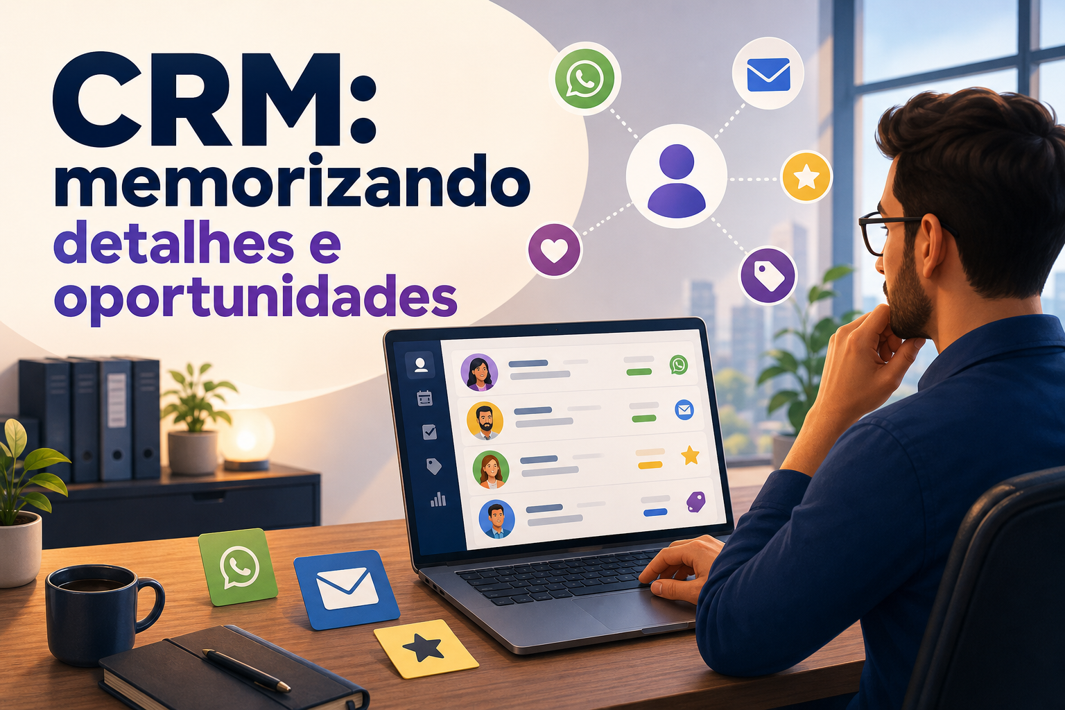 Um homem sentado em frente a um laptop observa uma tela com informações de contatos e ícones de aplicativos de mensagens. Ao fundo, há uma mesa com uma planta, caneca e pastas, além de uma vista de janelas com prédios.