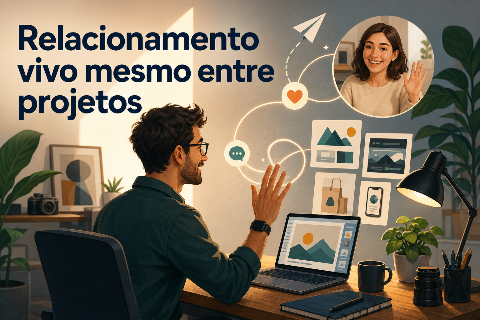 Um homem sentado em uma mesa acena para uma mulher que aparece em uma tela, enquanto ícones de comunicação e imagens de projetos estão ao redor. O ambiente é bem iluminado, com plantas e objetos de escritório visíveis.
