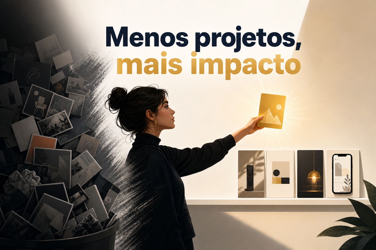 Uma mulher de cabelo preso segura uma imagem dourada com montanhas, enquanto observa uma prateleira com objetos minimalistas e um celular. Ao fundo, há uma pilha de quadros e a frase "Menos projetos, mais impacto" em destaque.