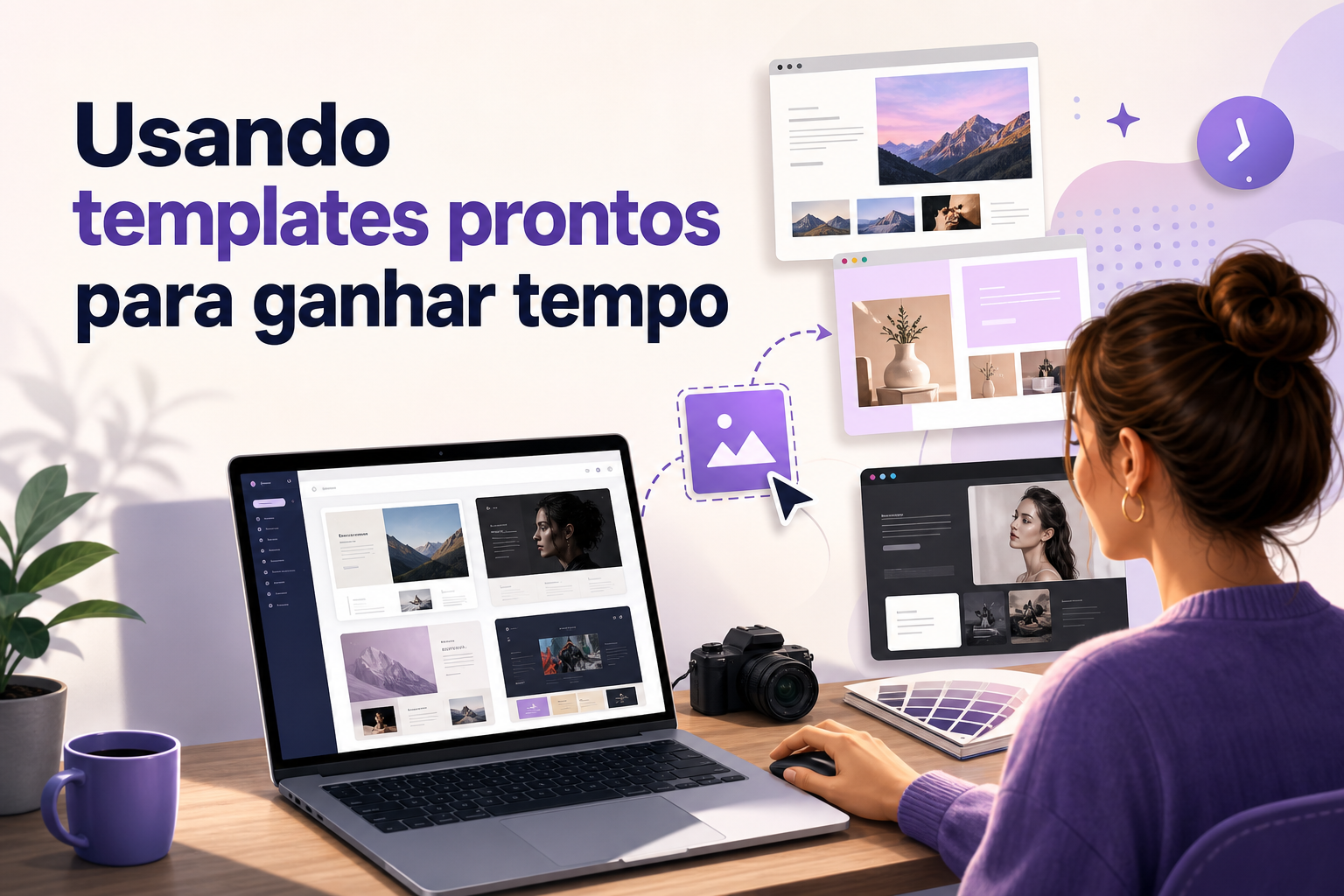 Uma mulher sentada em frente a um laptop, olhando para telas com designs de templates. Ao lado, há uma câmera e uma paleta de cores, enquanto a frase "Usando templates prontos para ganhar tempo" está em destaque.