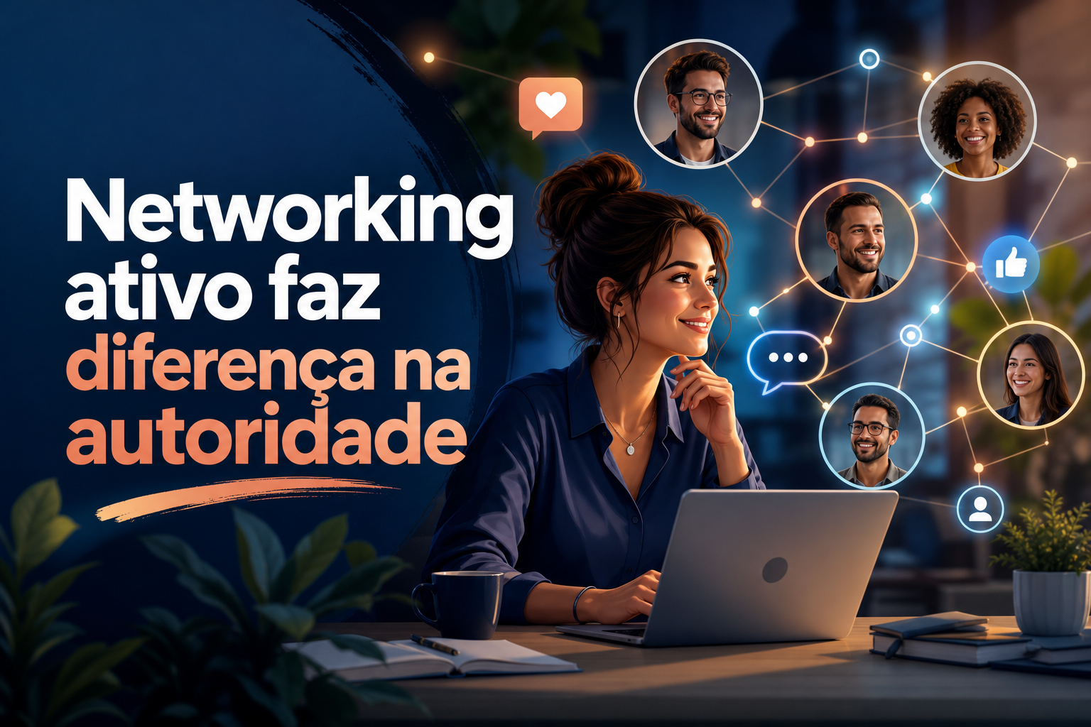 Uma mulher sorridente está sentada em frente a um laptop, com uma caneca ao lado e plantas na mesa. Ao redor dela, ícones de conexão e rostos de outras pessoas estão dispostos, simbolizando networking.