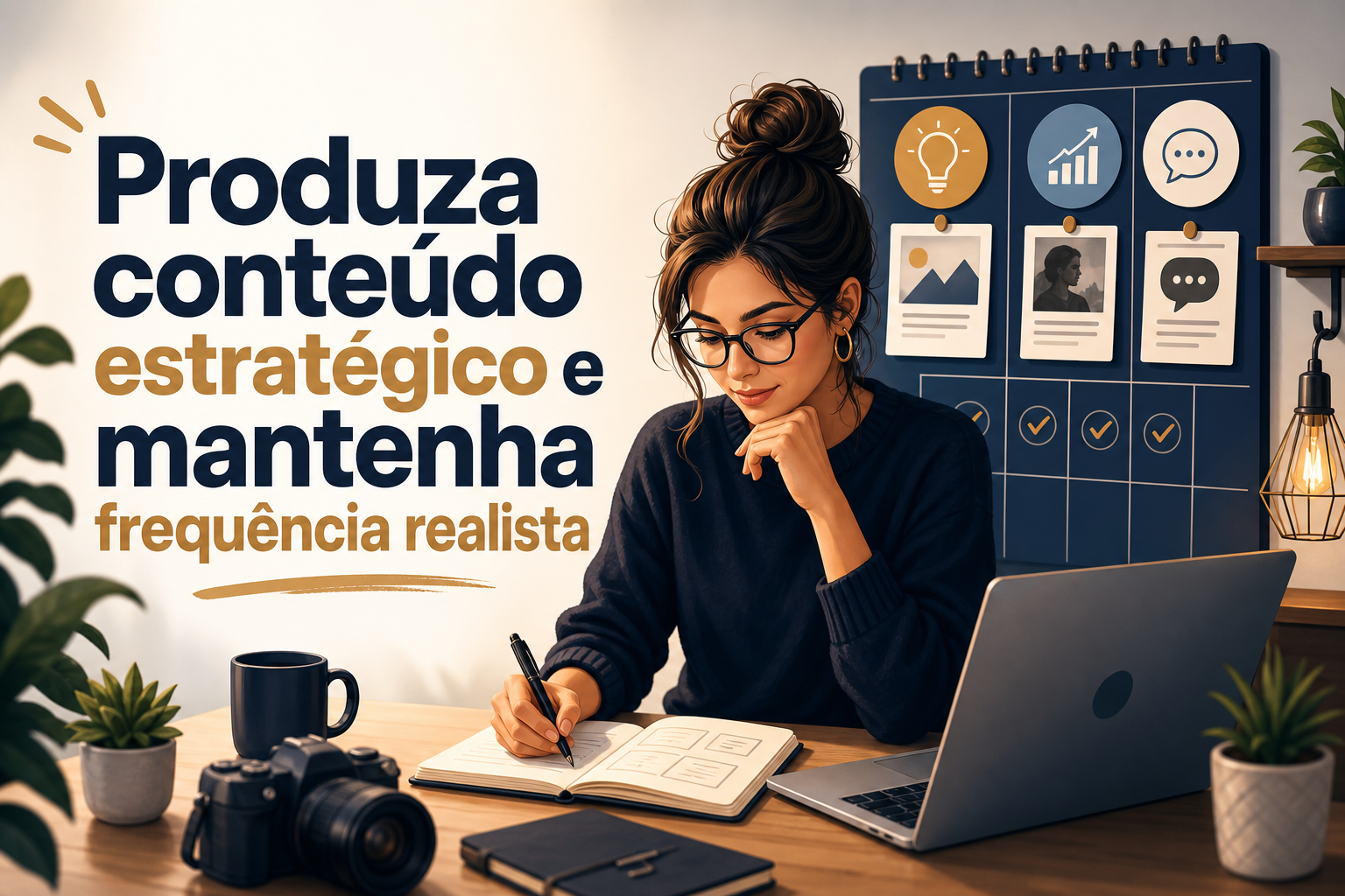 Uma mulher com cabelo preso e óculos escreve em um caderno, sentada à mesa com um laptop e uma câmera. Ao fundo, há um quadro com ícones e imagens relacionadas a planejamento e estratégias.