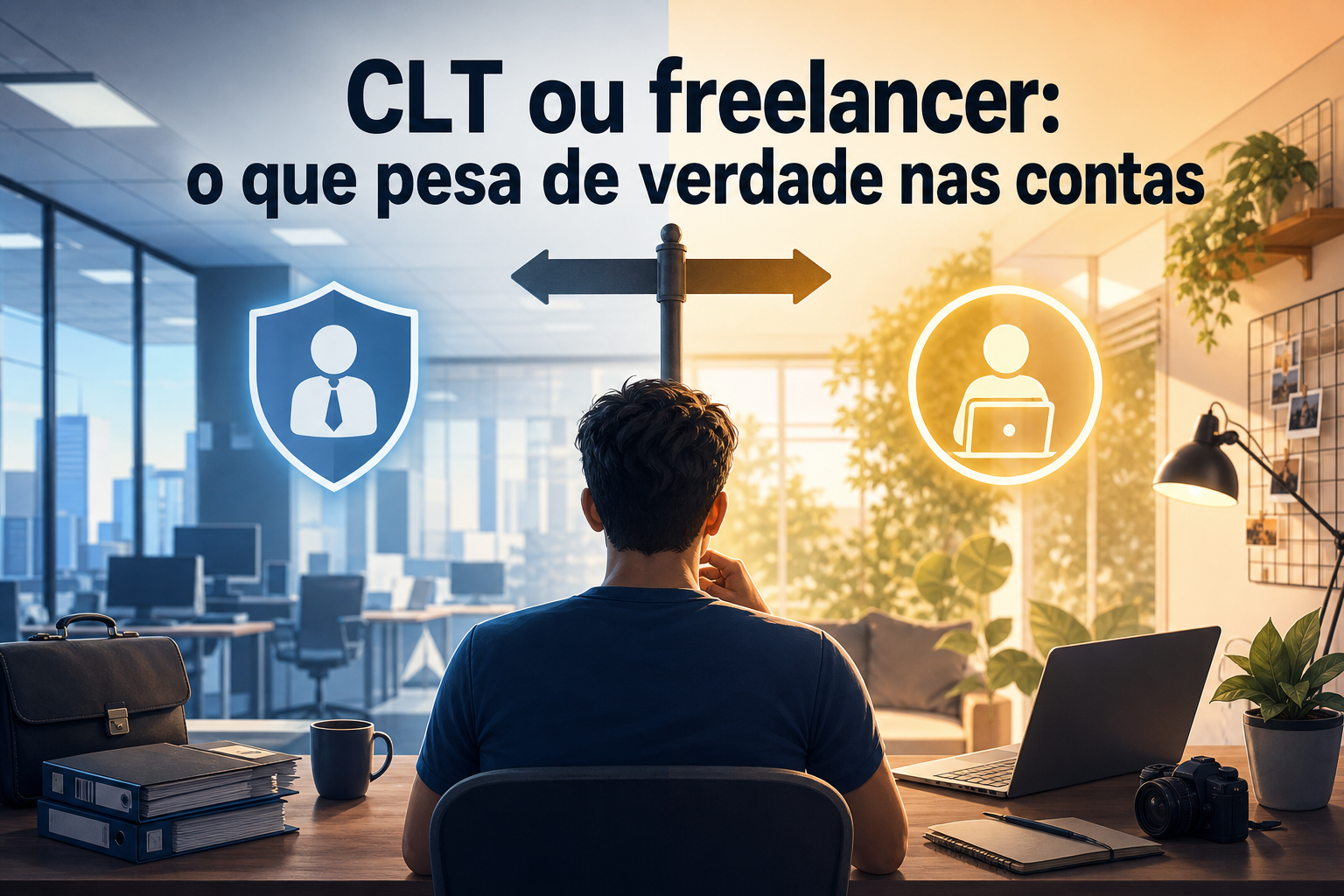 Um homem está sentado em uma mesa, olhando para duas direções opostas: uma com um ícone de trabalhador CLT e outra com um ícone de freelancer. O ambiente é dividido entre um escritório moderno e uma área mais aconchegante, com plantas e luz natural.