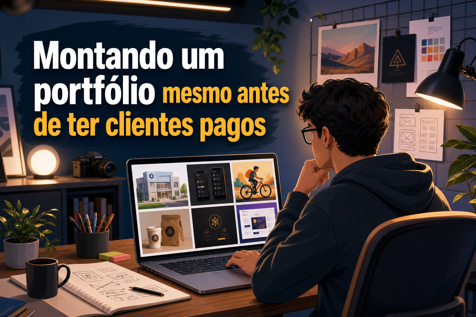 Um jovem com cabelo cacheado e óculos observa um laptop aberto, exibindo um portfólio visual. Ao fundo, há uma mesa com materiais de escritório, uma planta e quadros decorativos na parede.